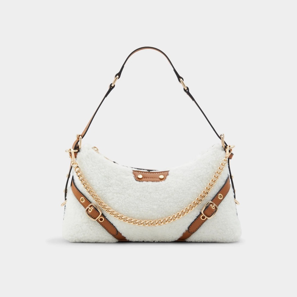 White and Brown Women's Bag with Gold Accents